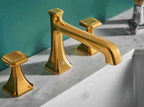 DXV’s Belshire Widespread Faucet, shown in Satin Brass with Cushion handles