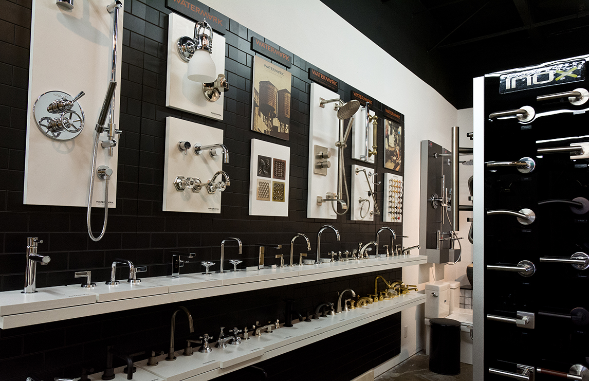 Wall of plumbing fixtures at International Bath and Tile