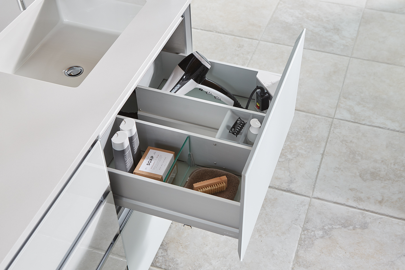 Robern white storage cabinets