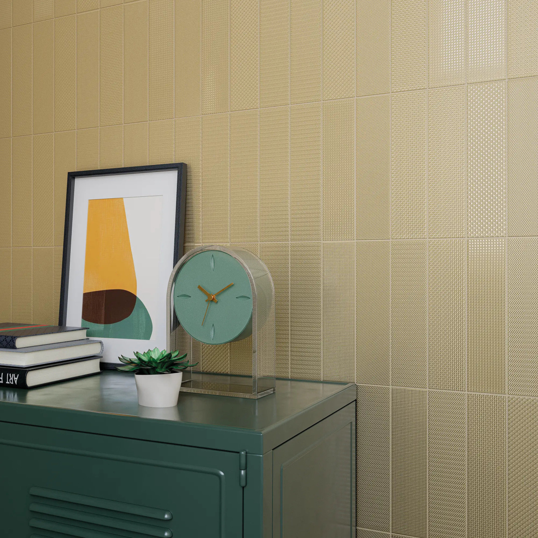 Spec yellow wall tile and stone